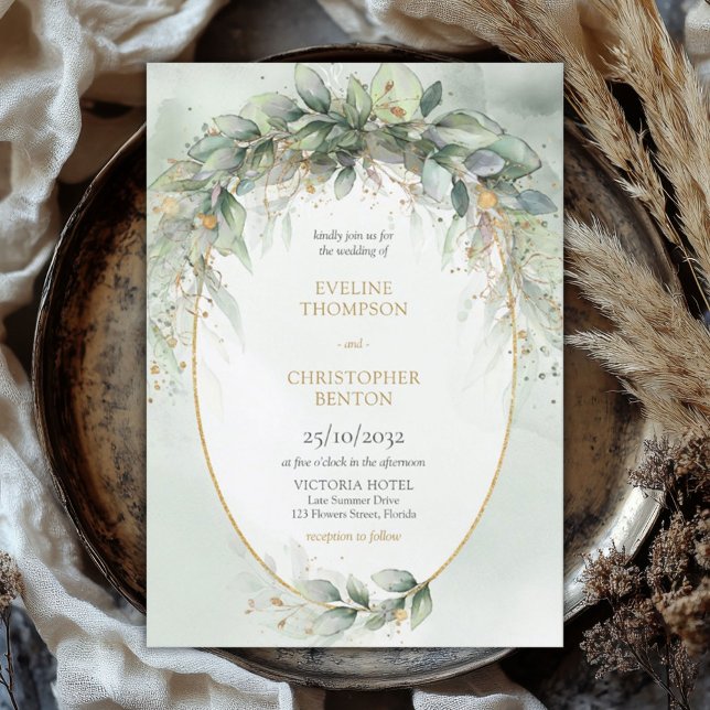 Chic vattenfärgsgrej och guld ram bröllop inbjudningar (watercolor eucalyptus wreath gold frame wedding invitation digital)