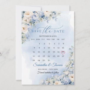 Chic vattenfärgskalender för blåa blommor eucalypt spara datumet