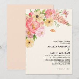 Chic Vattenfärgssmör gult blommigt Peach Bröllop Inbjudningar