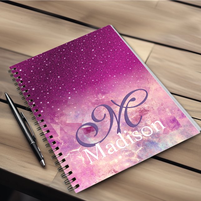 Chic Viimsisk rosa fuchsia ombre glitter monogram Anteckningsbok (Skapare uppladdad)
