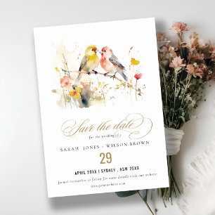 Chic Vild Botaniskt vattenfärg Love birds Bröllop Spara Datumet