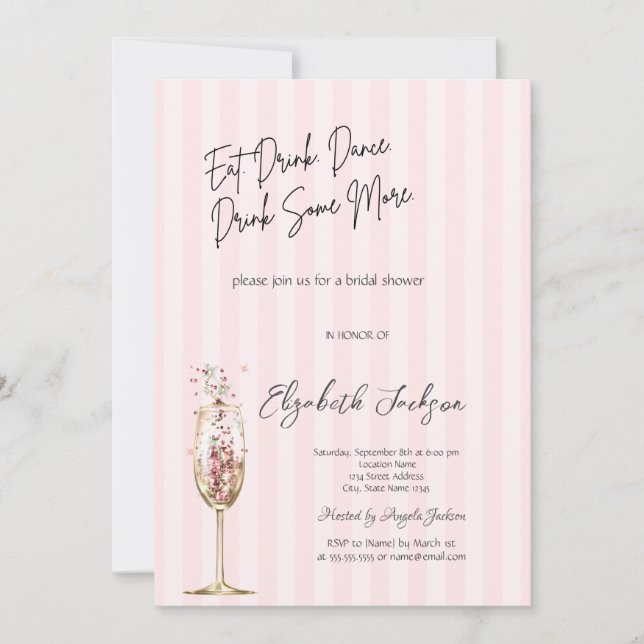 Chic vin glas konfetti rosa randig  inbjudningar (Framsida)