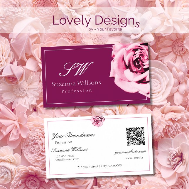 Chic Vin Red and White Rosa ros Initialer QR-kod Visitkort (Skapare uppladdad)