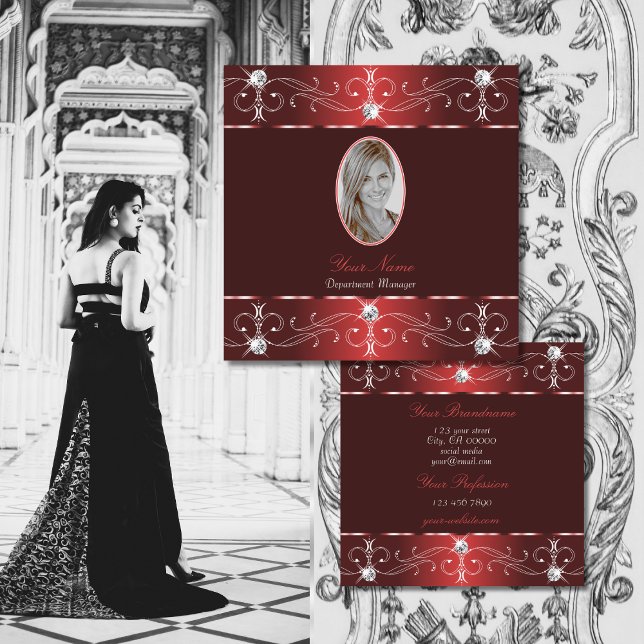 Chic Vin Red Burgundy Ornate Ornamate med Photo Fyrkantigt Visitkort (Skapare uppladdad)