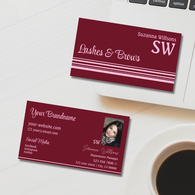 Chic Vin Red Rosa Rand med Monogram och Photo Visitkort (Skapare uppladdad)