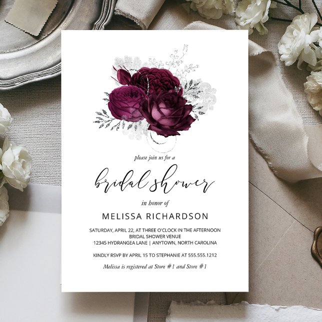 Chic Vintage Blommigt Burgundy Silver Möhippa Inbjudningar (Skapare uppladdad)