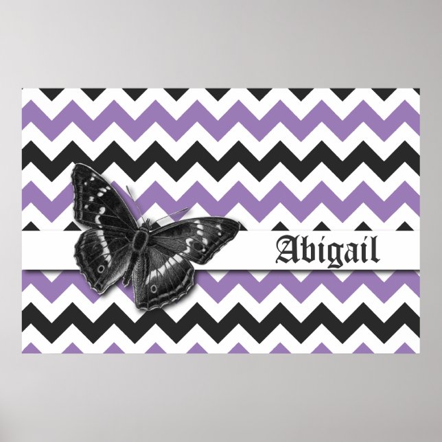 Chic Vintage Butterfly Lila Grått Chevron Mönster Poster (Framsidan)