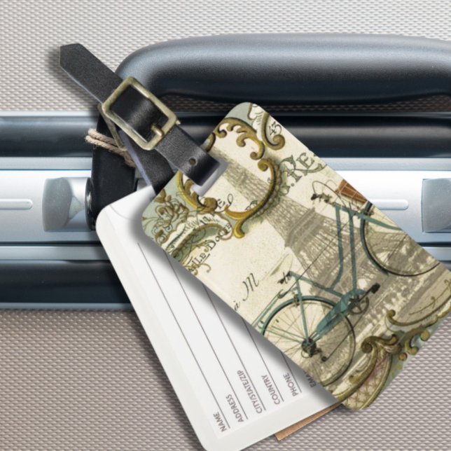 chic-vintage-cyklar paris eiffel torn bagagebricka (chic traveller vintage bicycles paris eiffel tower luggage tag)