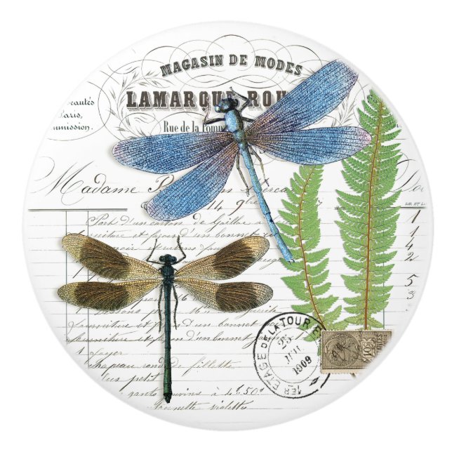 Chic Vintage Dragonfly & Fern Fransk Script Knob Knopp (Framsidan)