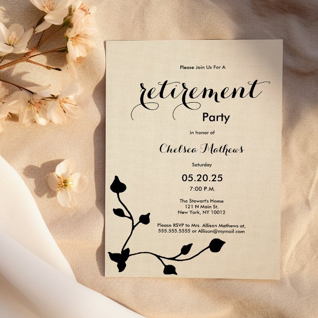 Chic vintage elfenbenssvart blommigt Pension Party Inbjudningar (Chic vintage ivory black floral Retirement Party)