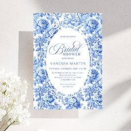 Chic Vintage French Toile Blue Roses Bridal Shower Inbjudningar