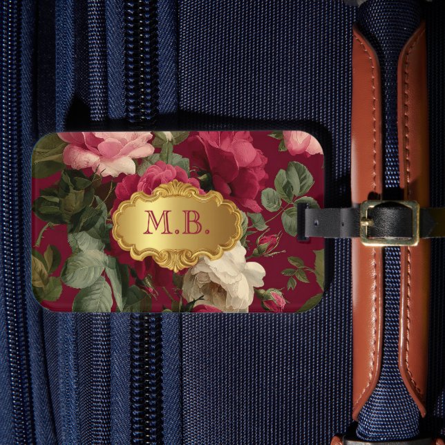 Chic Vintage Red Rose Floral Monogrammed  Bagagebricka (Framsida Insitu 4)