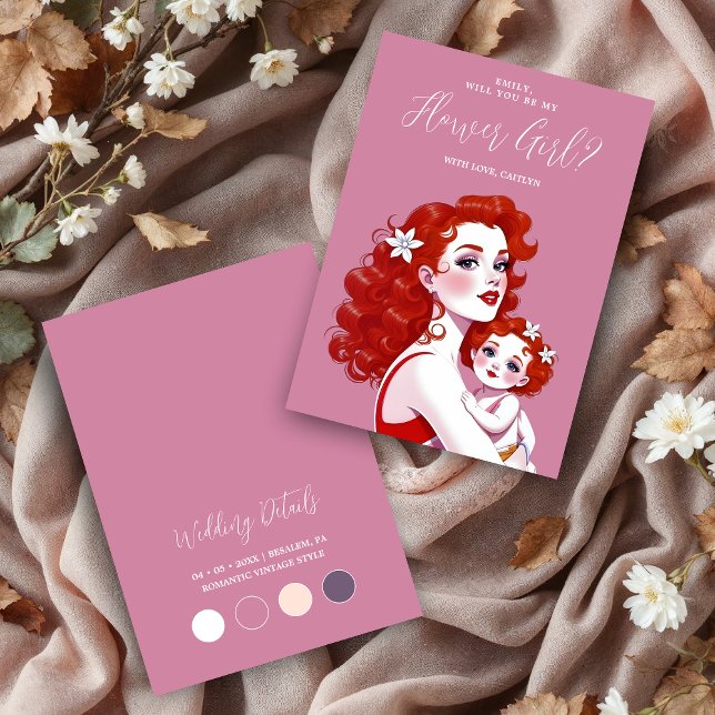 Chic Vintage Woman Carrying Toddler Flower Girl (Chic Romantic Vintage Woman Carrying Toddler Flower Girl Proposal Cards.)