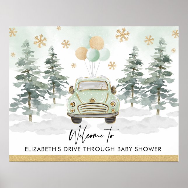 Chic Vinterfirande Drive Thru Baby Shower Parad Poster (Framsidan)