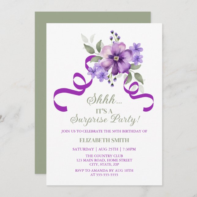 Chic Violet Floral Botanical Surprise Birthday Inbjudningar (Fram/baksida)