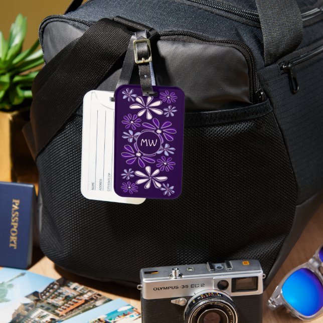 Chic Violet Indigo Flower Doodle Ditt Initialer Bagagebricka (Framsida & Baksida)