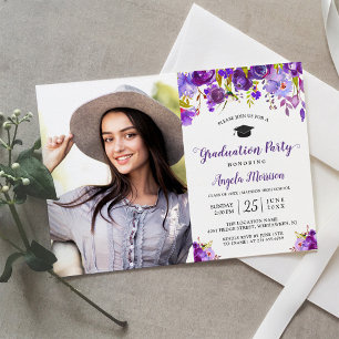 Chic Violet Lila Blommigt Photo Studentfest Inbjudningar