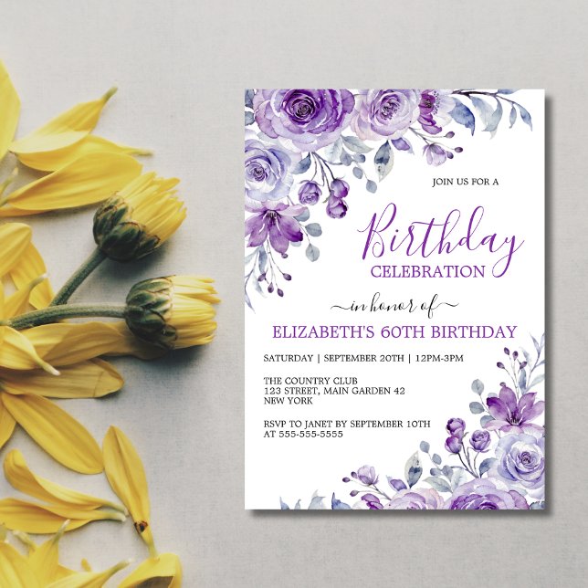 Chic Violet Ro Blommigt Botaniska födelsedag Inbjudningar (Skapare uppladdad)