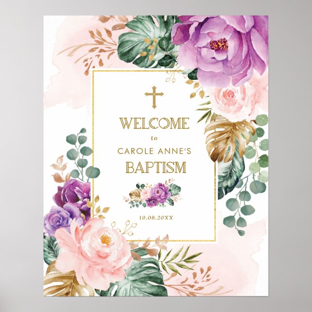 Chic Violet  Tropical Blommigt Greenery Baptism Poster (Framsidan)