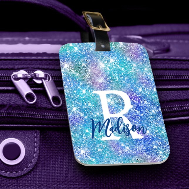 Chic vismblåfenad faux glitter monogram bagagebricka (Skapare uppladdad)