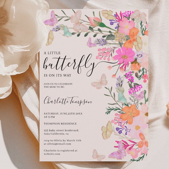 Chic vismblommor, babydusch i vår inbjudningar (Chic wildflowers spring butterfly baby shower invitation)