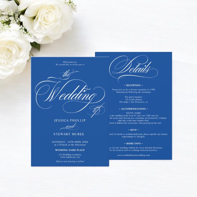 Chic vit blått allt i ett kalligrafi bröllop inbjudningar (Chic white blue all in one calligraphy wedding invitation)