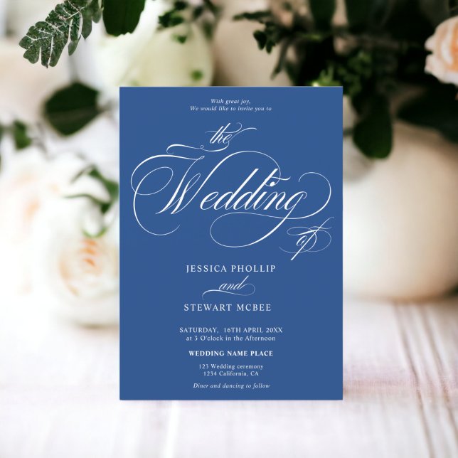 Chic vit fotokalligrafi bröllop inbjudningar (Chic white blue photo calligraphy wedding invitation)