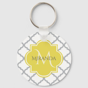 Chic Vit Grått Quatrefoil Gult Monogrammed Namn Nyckelring
