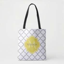 Chic Vit Grått Quatrefoil Gult Monogrammed Namn Tygkasse