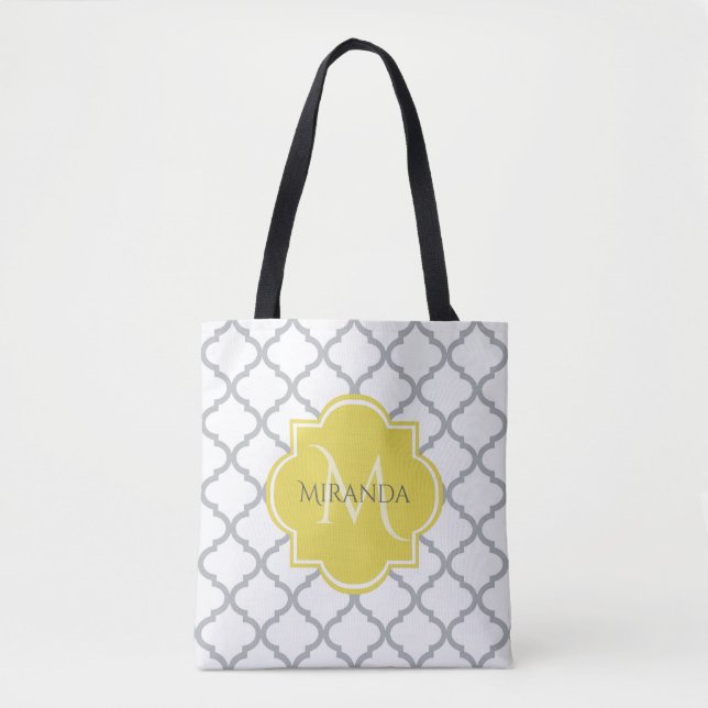 Chic Vit Grått Quatrefoil Gult Monogrammed Namn Tygkasse (Framsida)