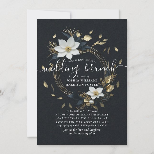 Chic Vit Guld Blommigt Utandning Foder till Bröllo Inbjudningar (Framsida)
