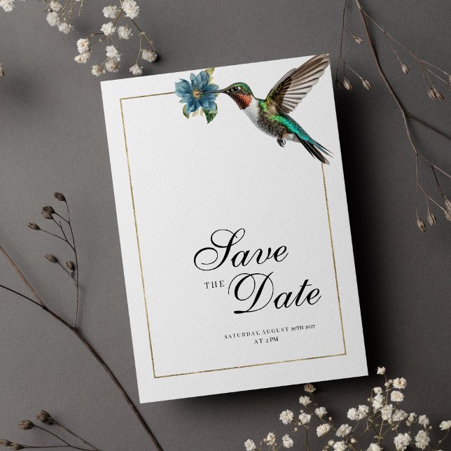 Chic vit guld färgfull hummingbird Spara datum Inbjudningar (Chic white gold colorful hummingbird Save The Date )
