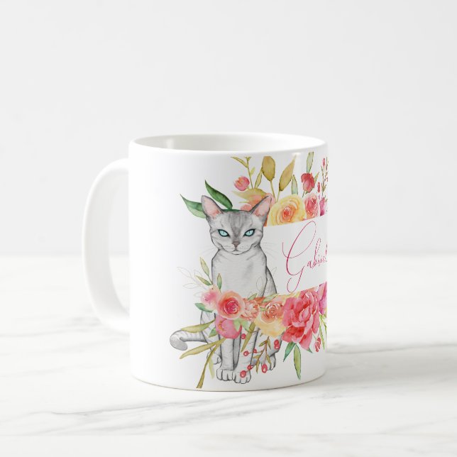 Chic Vit Katt och Blomsterträdgård Personlig Kaffemugg (Framsida vänster)