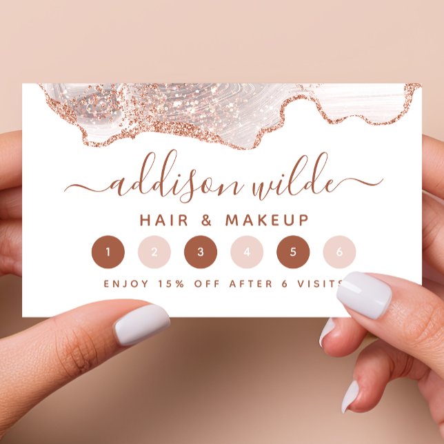 Chic vit marmoragate roséguld glitter lojalitetskort (Skapare uppladdad)