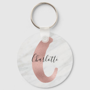 Chic Vit och Grått Marble Ro Guld C Monogram Namn Nyckelring