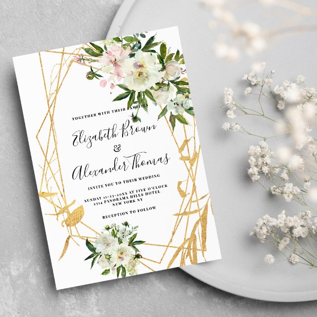 Chic, vit peony guld terrarium blommigt bröllop inbjudningar (Chic white peony gold terrarium floral wedding)