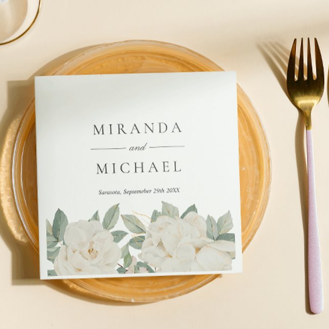 CHIC VIT ROS FLOWERS Botanical Monogram Pappersservett (Skapare uppladdad)