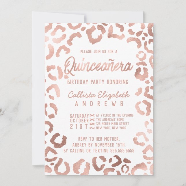 Chic Vit ros Guld Cheetah Leopard Quinceañera Inbjudningar (Framsida)