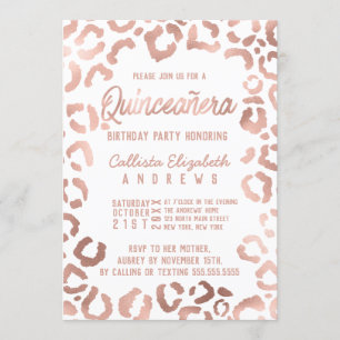 Chic Vit ros Guld Cheetah Leopard Quinceañera Inbjudningar