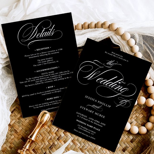 Chic vit svart allt i ett kalligrafi bröllop inbjudningar (Chic white black all in one calligraphy wedding invitation)