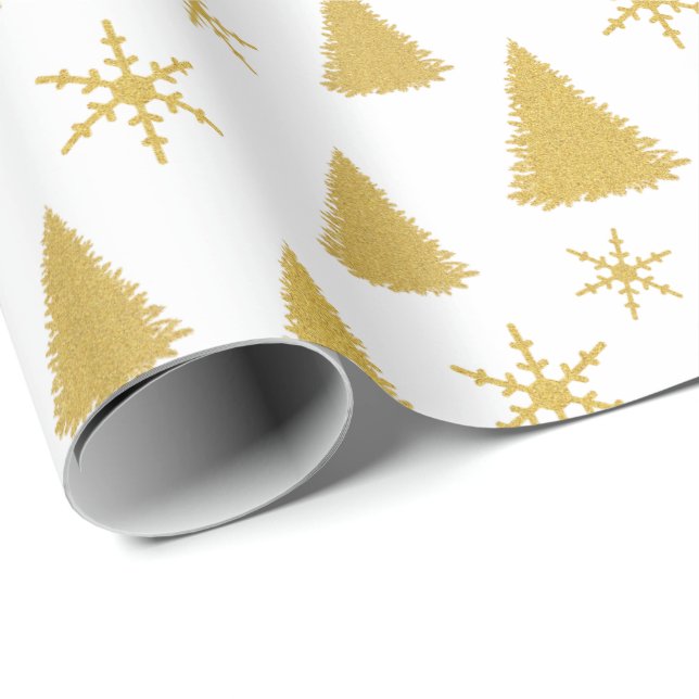 Chic Vita och Guld Glitter Julgran Mönster Presentpapper (Rullad Hörn)