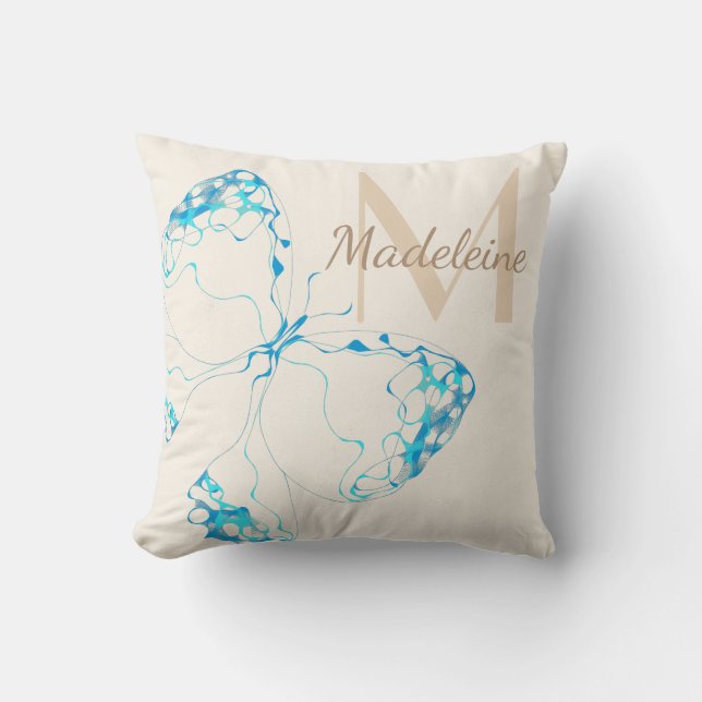 Chic Vitmiskt Elegant Blue Butterfly Monogram Kudde (Framsida)