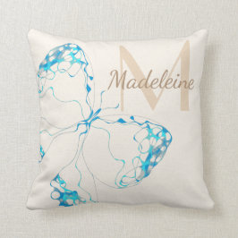 Chic Vitmiskt Elegant Blue Butterfly Monogram Kudde