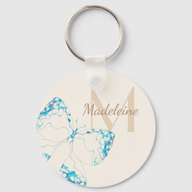 Chic Vitmiskt Elegant Blue Butterfly Monogram Nyckelring (Framsida)