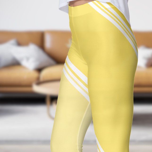 Chic Vitt under Blek Gult Bandtryck Leggings (Chic White under Pale Yellow Banded Print Leggings)