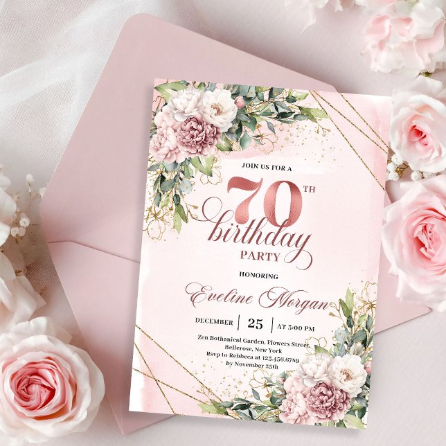 Chic Warm Dusty Pink Floral Greenery 70th Birthday Inbjudningar (Warm Dusty Pink Floral Greenery 70th Birthday Invitation)