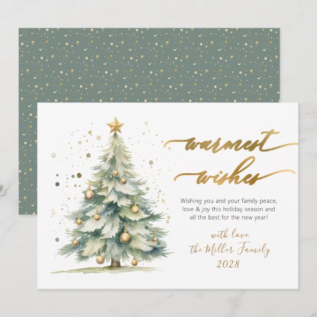 Chic Warmest Wishes Gold Script Christmas Tree Julkort (Fram/baksida)