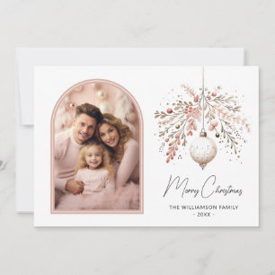 Chic Watercolor Bauble & Family Photo jul Julkort