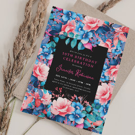 Chic Watercolor Blommigt 30års födelsedag Black Inbjudningar