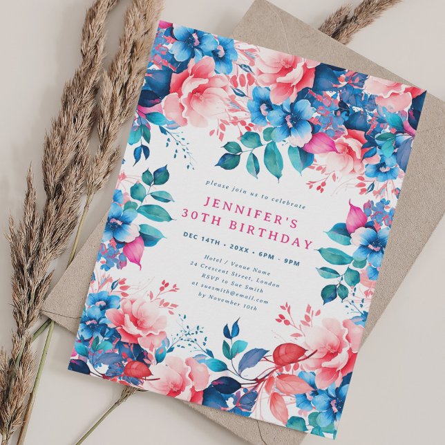 Chic Watercolor Blommigt 30års födelsedag Inbjudningar (Chic Watercolor Floral 30th Birthday Invitation)